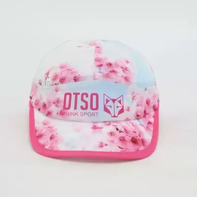 Boné desportivo floral rosa e azul com texto e logótipo