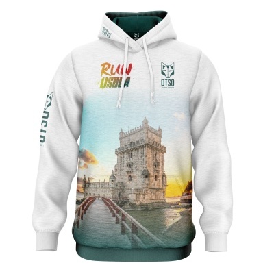 Sweatshirt com capuz branca com imagem da Torre de Belém e texto RUN LISBOA