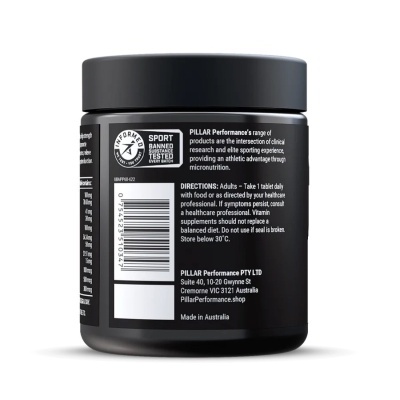 frasco preto de suplemento com texto branco e tampa preta