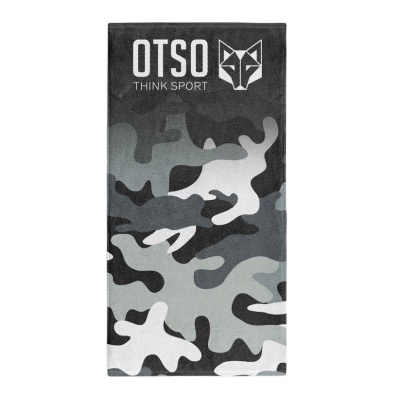 Toalha desportiva camuflada cinza e preta com texto e logotipo