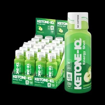 Frascos verdes KETONE-IQ Energy Shot sabor Green Apple numa embalagem de cartão