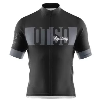 Camisola de ciclismo preta com faixa cinza e texto OTOSO Cycling