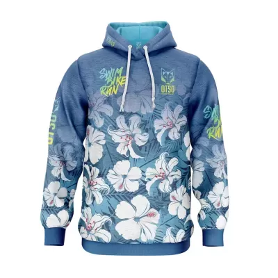 Sweatshirt azul com padrão floral branco e textos coloridos