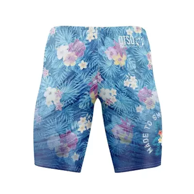 Calções de banho azuis com padrão floral e texto branco