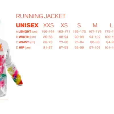 Casaco de corrida unissexo colorido com capuz, fecho frontal e bolsos, mostrado em manequim branco ao lado de tabela de tamanhos.