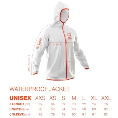 Casaco impermeável branco unissexo com capuz e fecho vermelho, texto e logotipo vermelhos