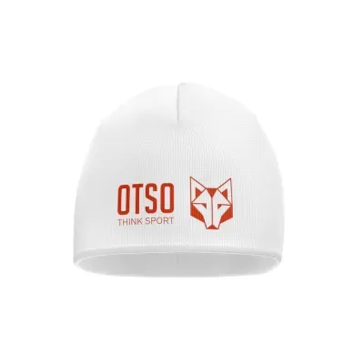 Gorro branco de malha com logótipo laranja OTSO e cabeça de lobo