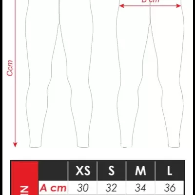 Desenho técnico de calças justas femininas com tabela de tamanhos e medidas em centímetros.