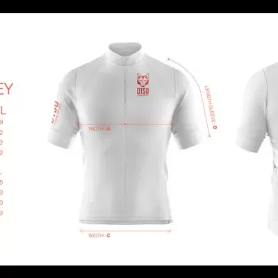 Camisola de ciclismo branca com logótipos vermelhos e tabela de tamanhos ao lado