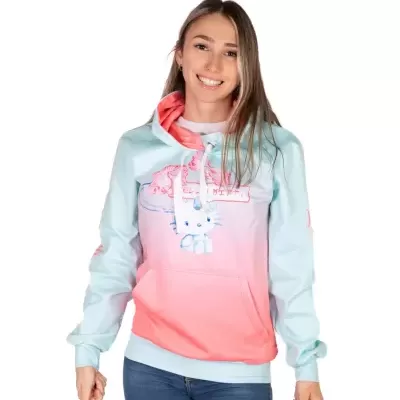 Sweatshirt azul claro e salmão com estampa Hello Kitty.