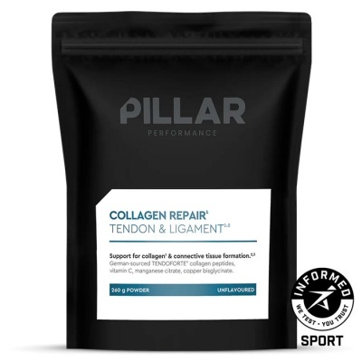 Embalagem preta com rótulo branco e texto azul e preto do suplemento COLAGEN REPAIR TENDON & LIGAMENT PILLAR PERFORMANCE.