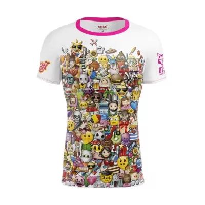 T-shirt branca com gola rosa e estampado frontal de emojis variados