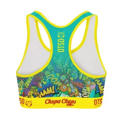 Top desportivo colorido com padrão de banda desenhada e elástico amarelo com texto Chupa Chups e OTSO