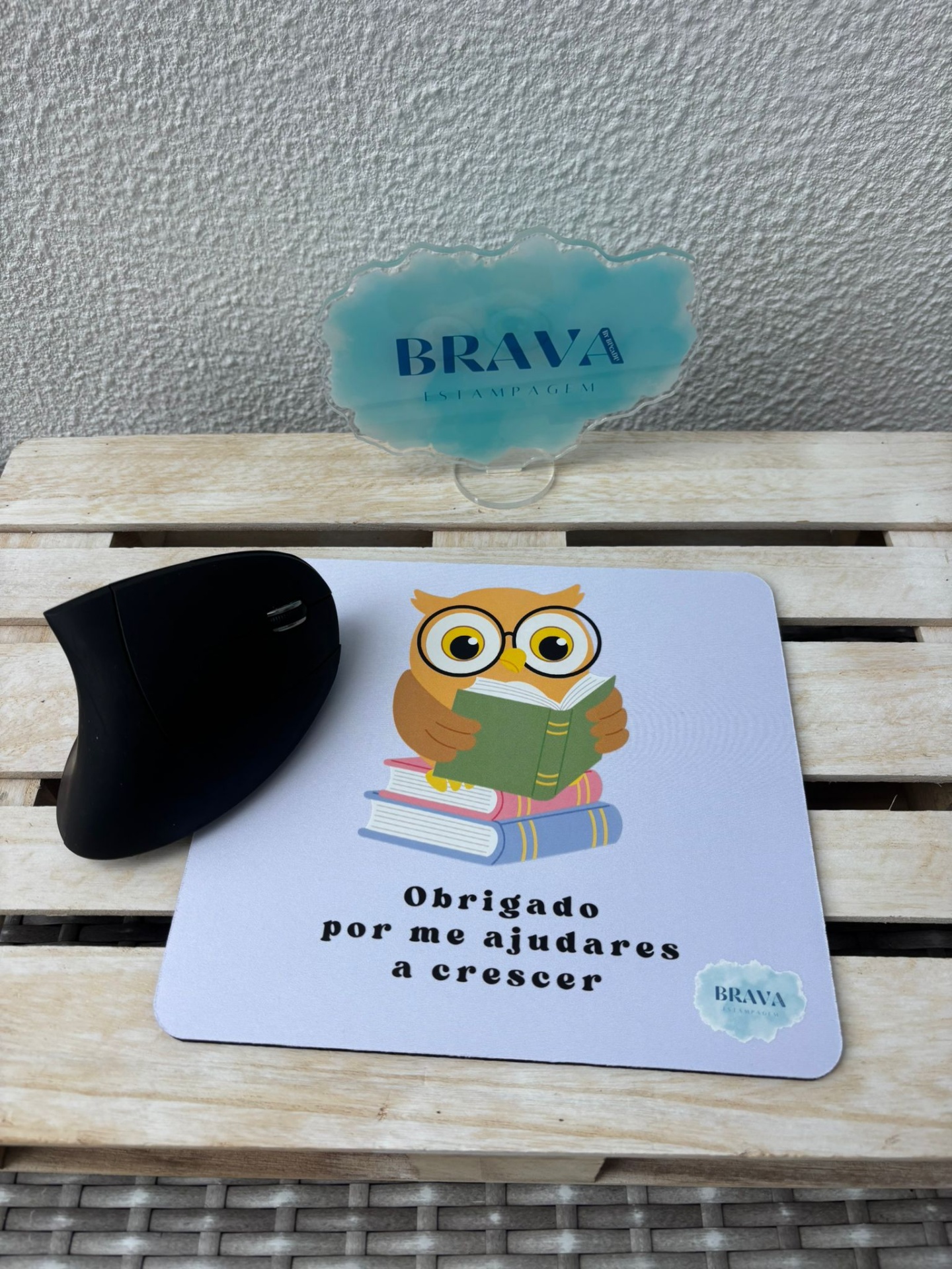 Base para Rato PC Tapete de rato branco com coruja castanha a ler livro e texto Obrigado por me ajudares a crescer