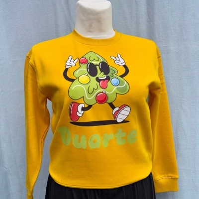 Sweatshirt amarela com estampa de árvore de Natal animada e texto Duarte