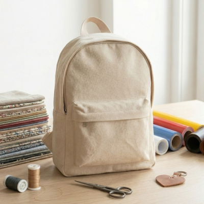 Mochila bege clara em tecido com bolso frontal sobre mesa rodeada por materiais de costura e tecidos.