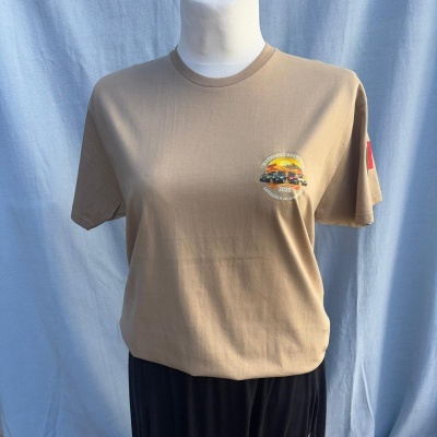 T-shirt castanha com logótipo e bandeira em manga