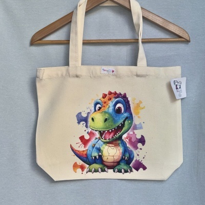 Mala de tecido bege com dinossauro colorido cartoon
