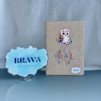 Capa bege com coruja e texto Melhor Professora do Mundo e placa azul com BRAVA ESTAMPAGEM