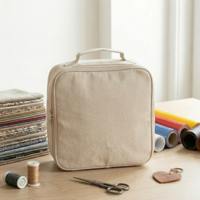 Bolsa de tecido bege com materiais de costura numa mesa de madeira clara junto a uma janela