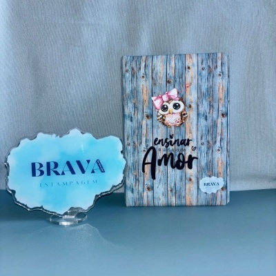 Produto suporte acrílico azul e quadro com textura de madeira com coruja e texto em português.