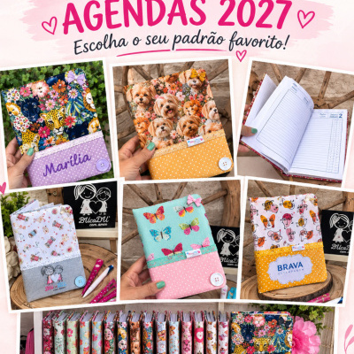 Capas de agendas 2027 com vários padrões coloridos e nomes bordados.