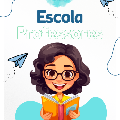 Ilustração de professora com livro e texto relacionada a escola e professores.