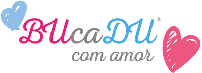 Logótipo BUcaDU com amor com corações azul e rosa em fundo branco