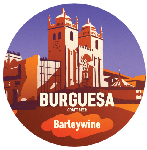 Rótulo de cerveja Burguesa Barleywine com imagem de catedral e design laranja e roxo