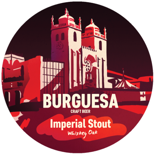 Rótulo de cerveja artesanal Burguesa Imperial Stout com design de edifícios históricos em tons vermelhos.