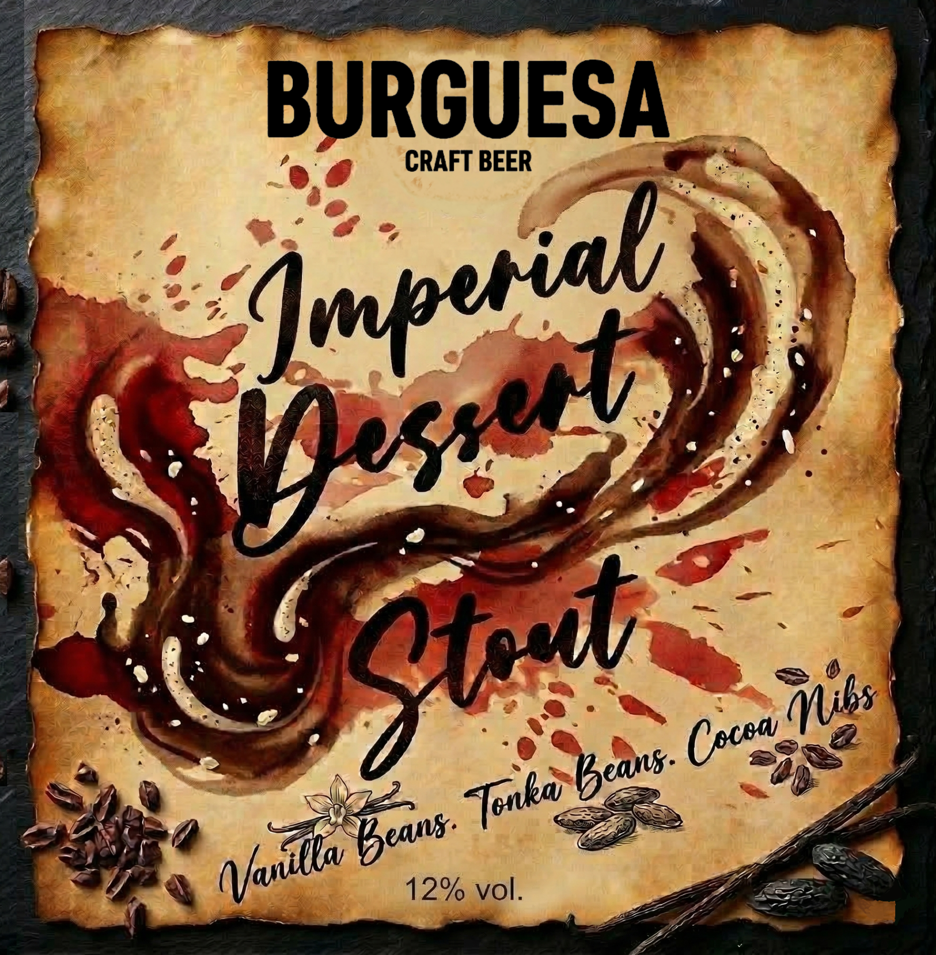 Etiqueta vintage de cerveja BURGUESA Imperial Dessert Stout com elementos visuais de feijões e vagens.