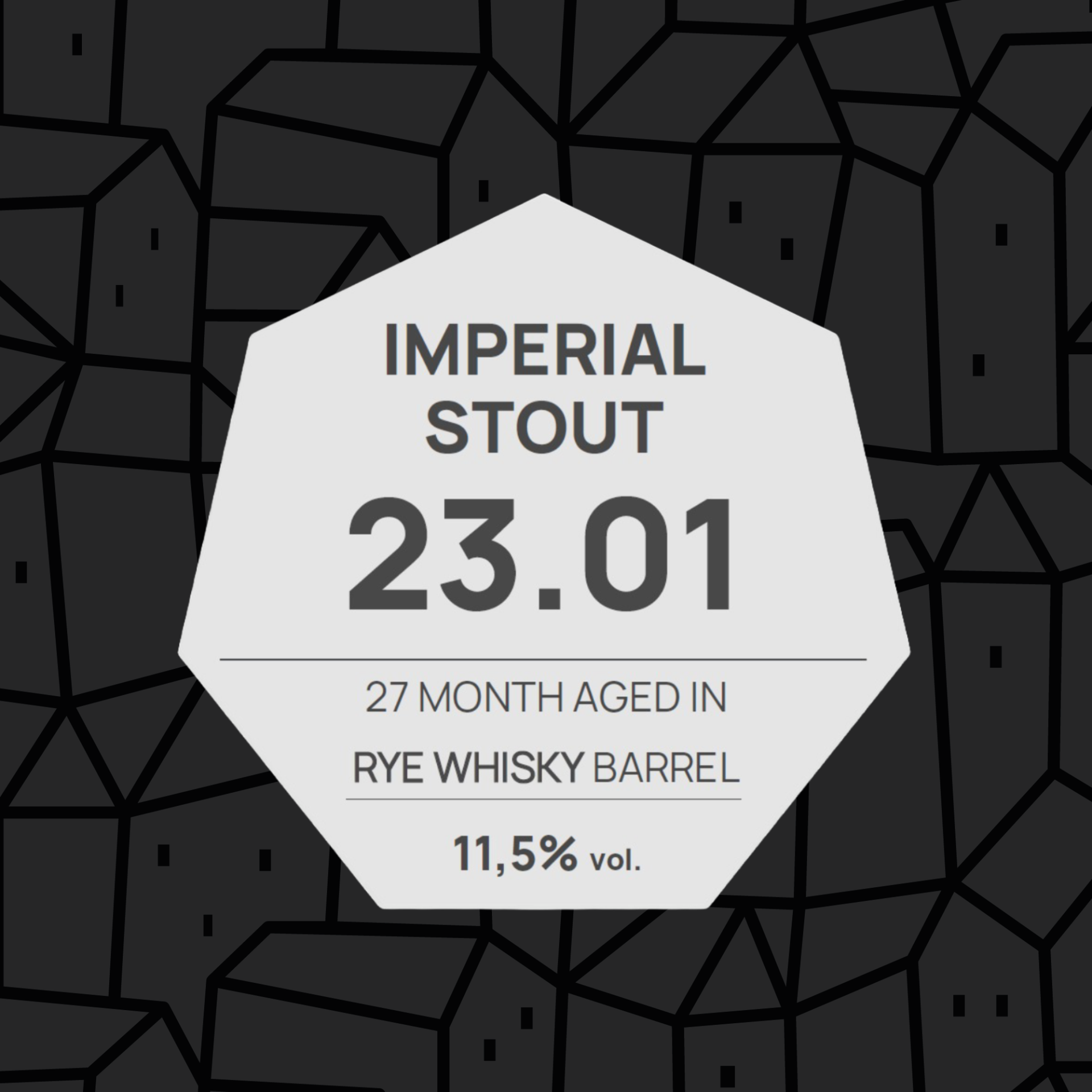 Etiqueta octogonal Imperial Stout 23.01 com detalhes sobre envelhecimento em barril de whisky