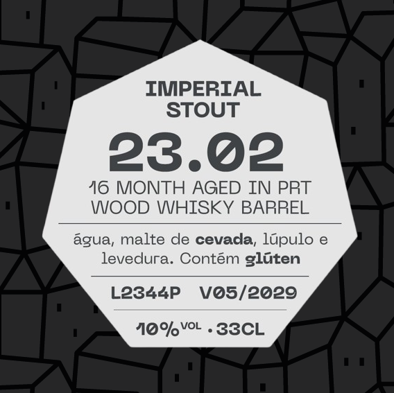 Etiqueta branca octogonal com texto negro sobre fundo cinzento geométrico