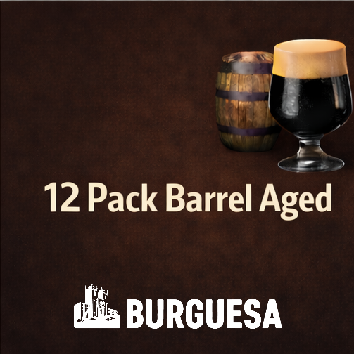 Copo de cerveja escura com espuma ao lado de barril de madeira e texto 12 Pack Barrel Aged