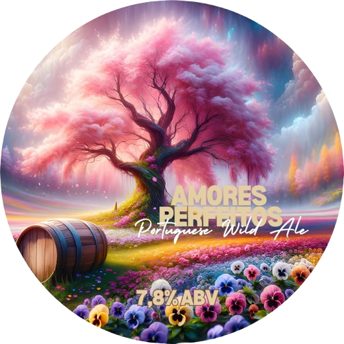 Rótulo redondo com árvore rosada, flores, barril e texto sobre cerveja