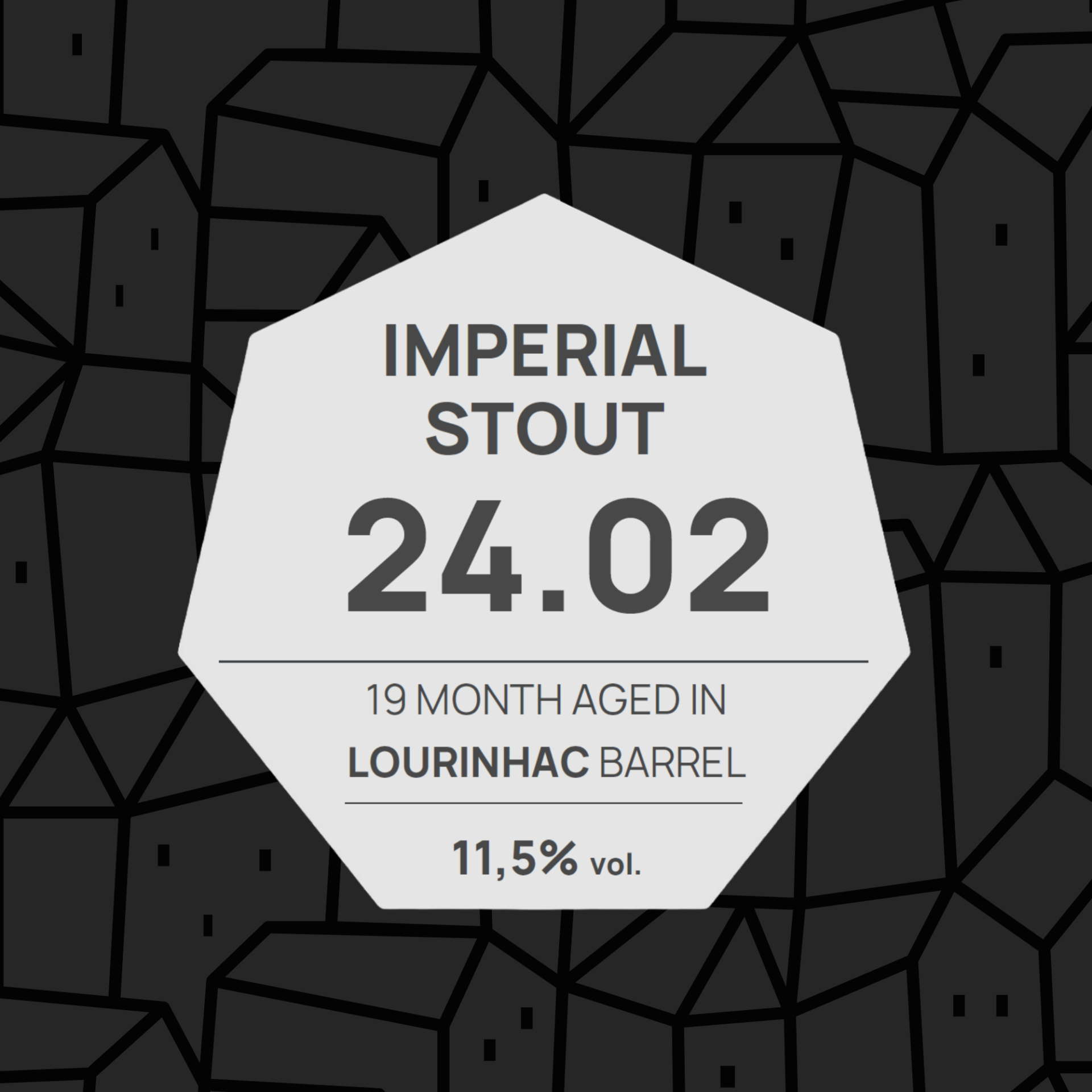Etiqueta de Imperial Stout 24.02 com texto e padrão de casas em fundo escuro