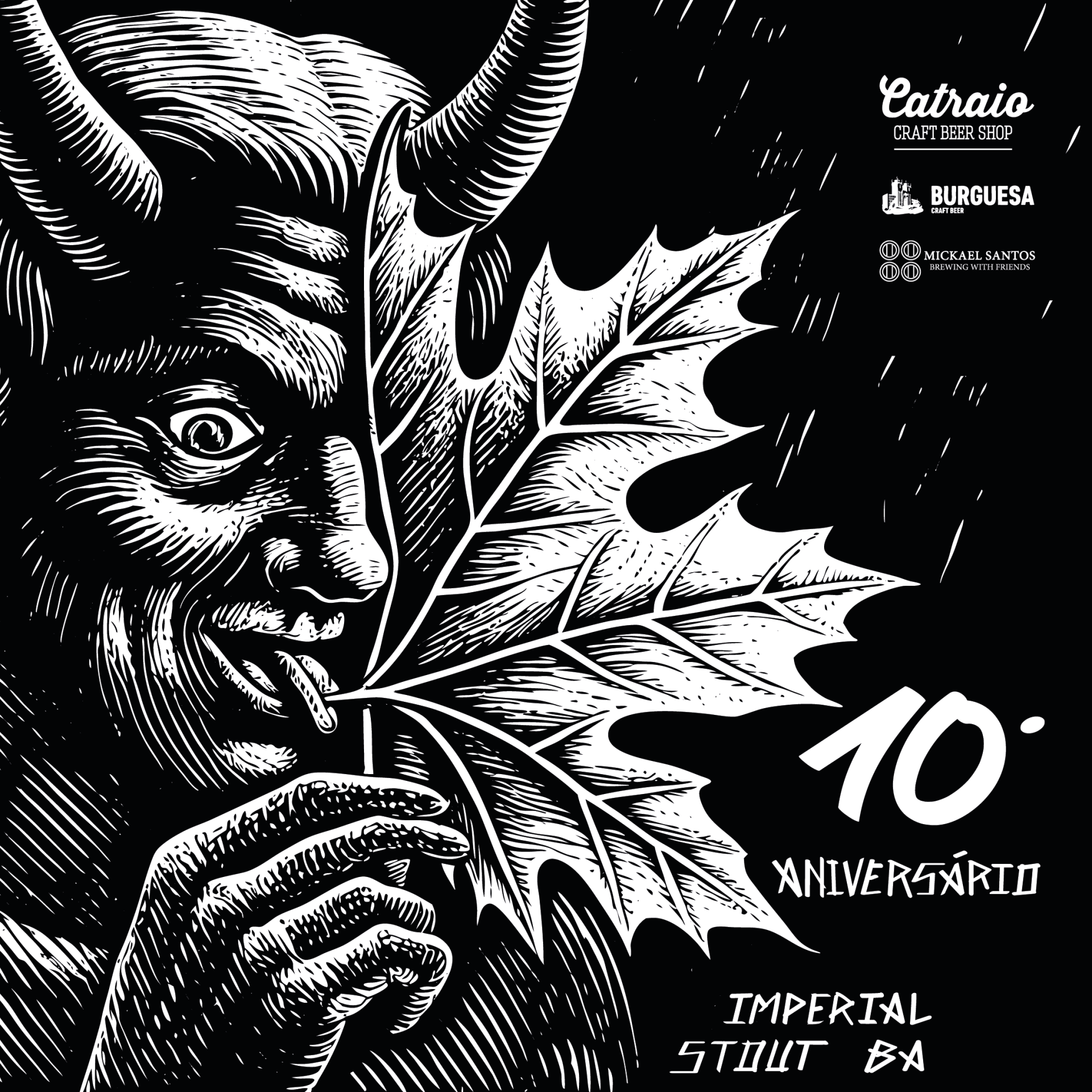 Ilustração a preto e branco de figura demoníaca com chifres a beber através de um canudo ligado a uma folha, com texto sobre cerveja artesanal.