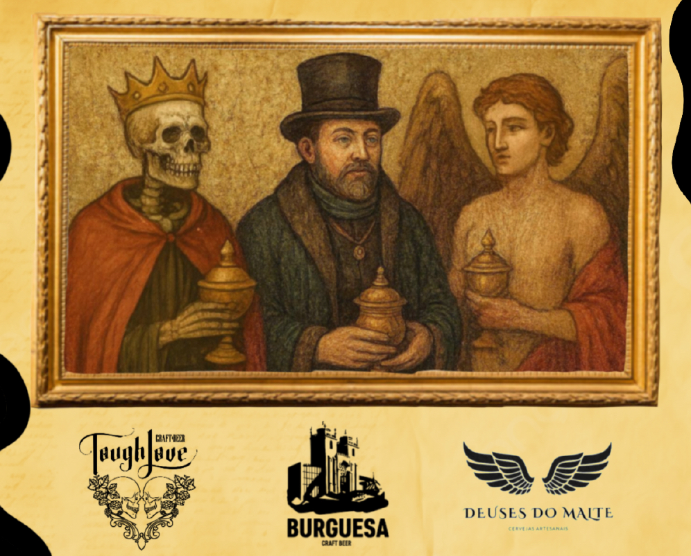 Pintura com três figuras segurando cálices e três logos de cervejas artesanais em fundo amarelo
