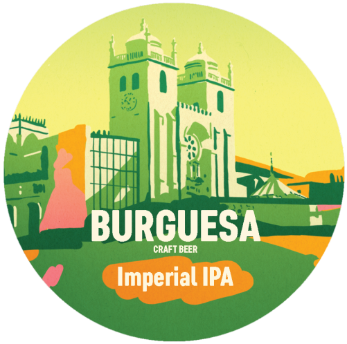 Rótulo redondo com edifício histórico e texto 'BURGUESA CRAFT BEER Imperial IPA'
