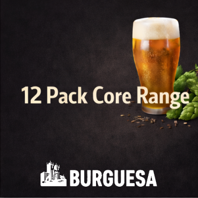 Copo de cerveja dourada com espuma e lúpulos verdes ao lado, texto 12 Pack Core Range e logo BURGUESA
