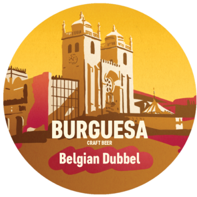 Etiqueta de cerveja artesanal BURGUESA Belgian Dubbel com desenho de edifício histórico na cor amarela e castanha