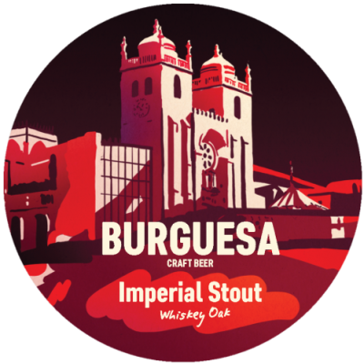 Rótulo de cerveja artesanal Burguesa Imperial Stout com design de edifícios históricos em tons vermelhos.