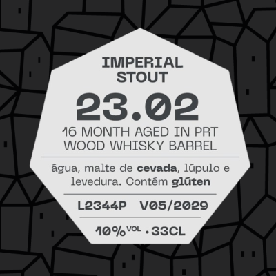 Etiqueta branca octogonal com texto negro sobre fundo cinzento geométrico