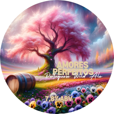 Rótulo redondo com árvore rosada, flores, barril e texto sobre cerveja
