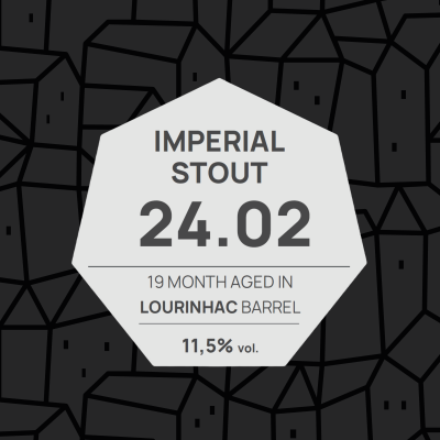Etiqueta de Imperial Stout 24.02 com texto e padrão de casas em fundo escuro