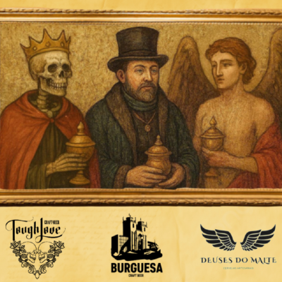 Pintura com três figuras segurando cálices e três logos de cervejas artesanais em fundo amarelo