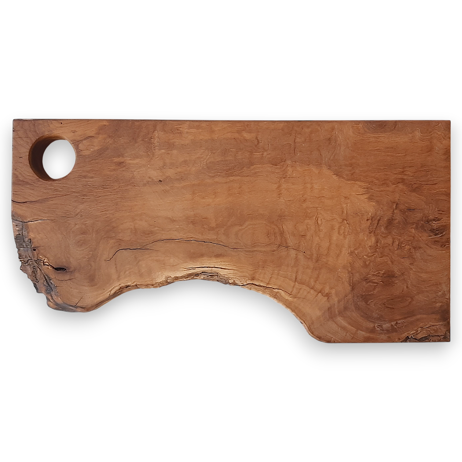 Tábua Irregular em Oliveira (39,5x20x3cm) Tábuas de madeira retangulares com borda irregular e buraco circular.