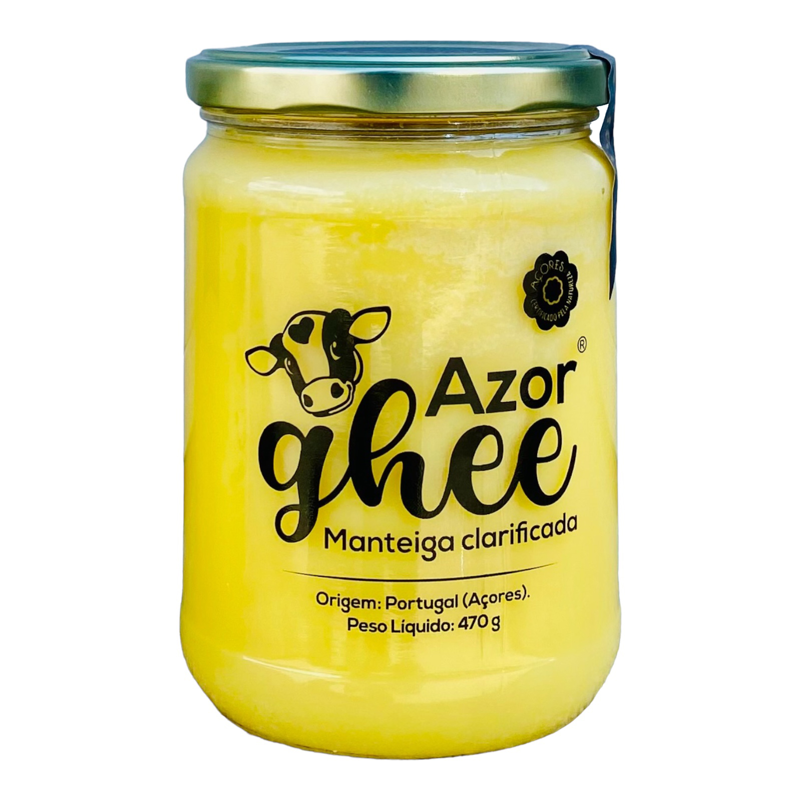 MANTEIGA CLARIFICADA AZORGHEE 470g Frasco de vidro com manteiga clarificada Azor ghee, texto em preto e desenho de vaca