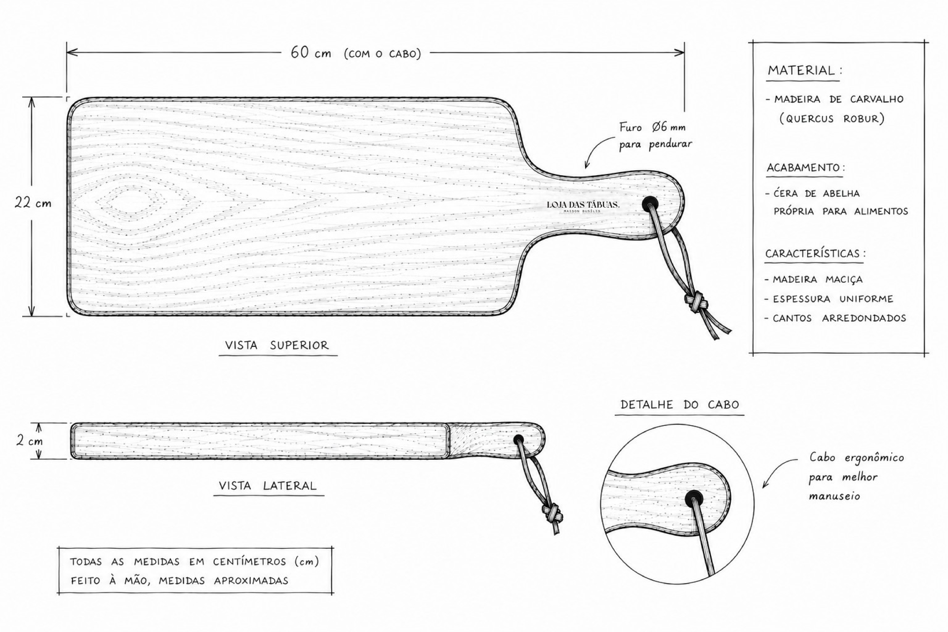 Tábua de Servir - 5/2 Desenho técnico de tábua em madeira de carvalho com dimensões e detalhes do cabo