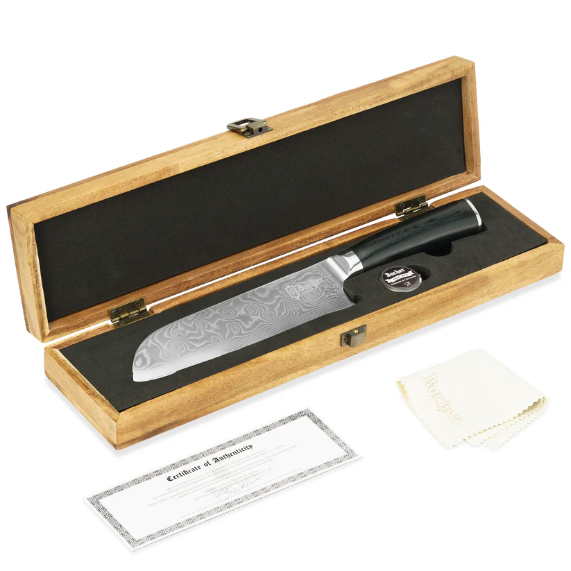 Faca Santoku Bacher em Aço Damasco com Pano de Limpeza e Cera Protetora Faca de cozinha com lâmina padrão damasco e cabo preto em estojo de madeira